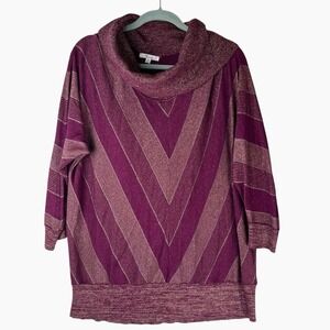 89th & Madison Pink Turtleneck Sweater 2X Metallic Gold Chevron 3/4 Sleeve